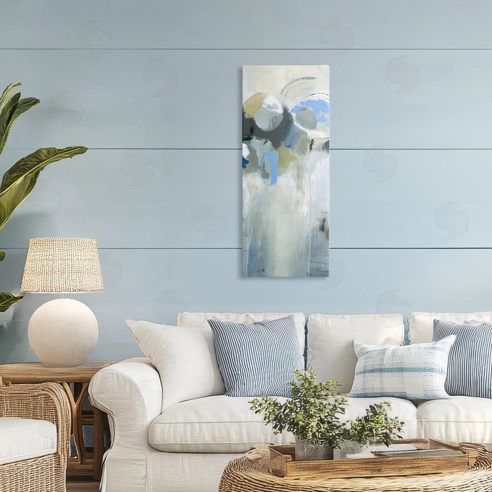 Lisa Ridgers Beige & Blue Dapples Stretched Canvas Wall Art in Room