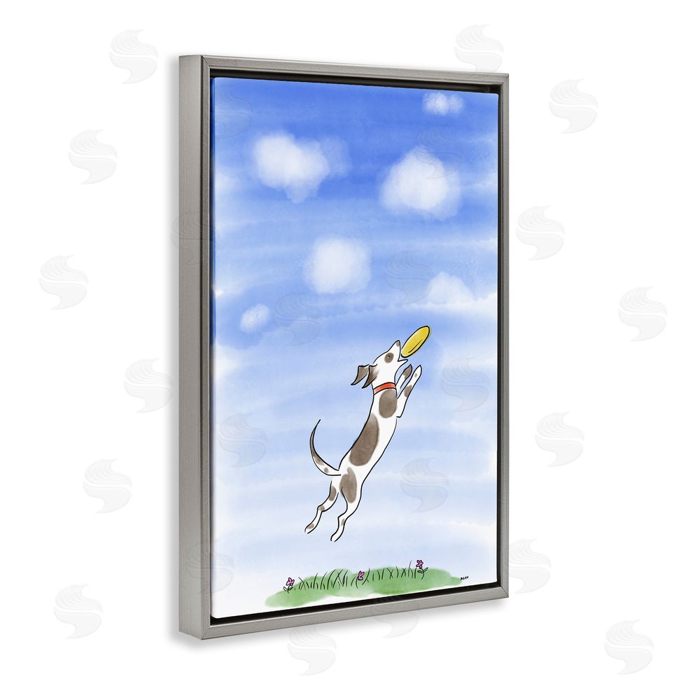 Patti Mann Dog Catching Frisbee Gray Floating Frame Canvas Wall Art