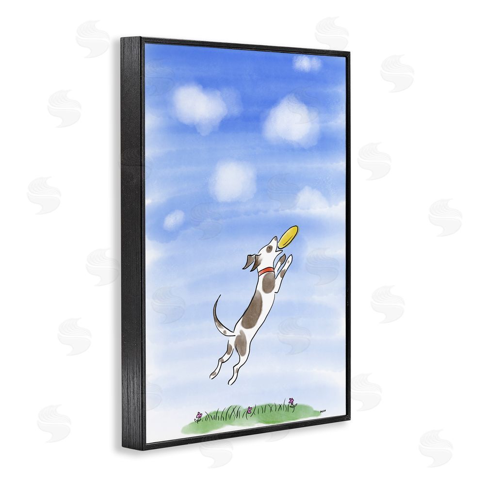 Patti Mann Dog Catching Frisbee Blacked Framed Giclee Wall Art Print