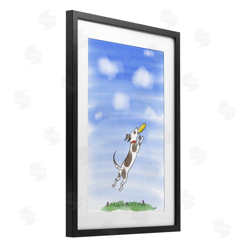 Patti Mann Dog Catching Frisbee Black Framed Print Under Glass with Mat Wall Art