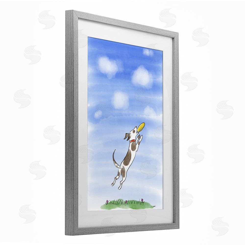 Patti Mann Dog Catching Frisbee Gray Framed Print Under Glass with Mat Wall Art