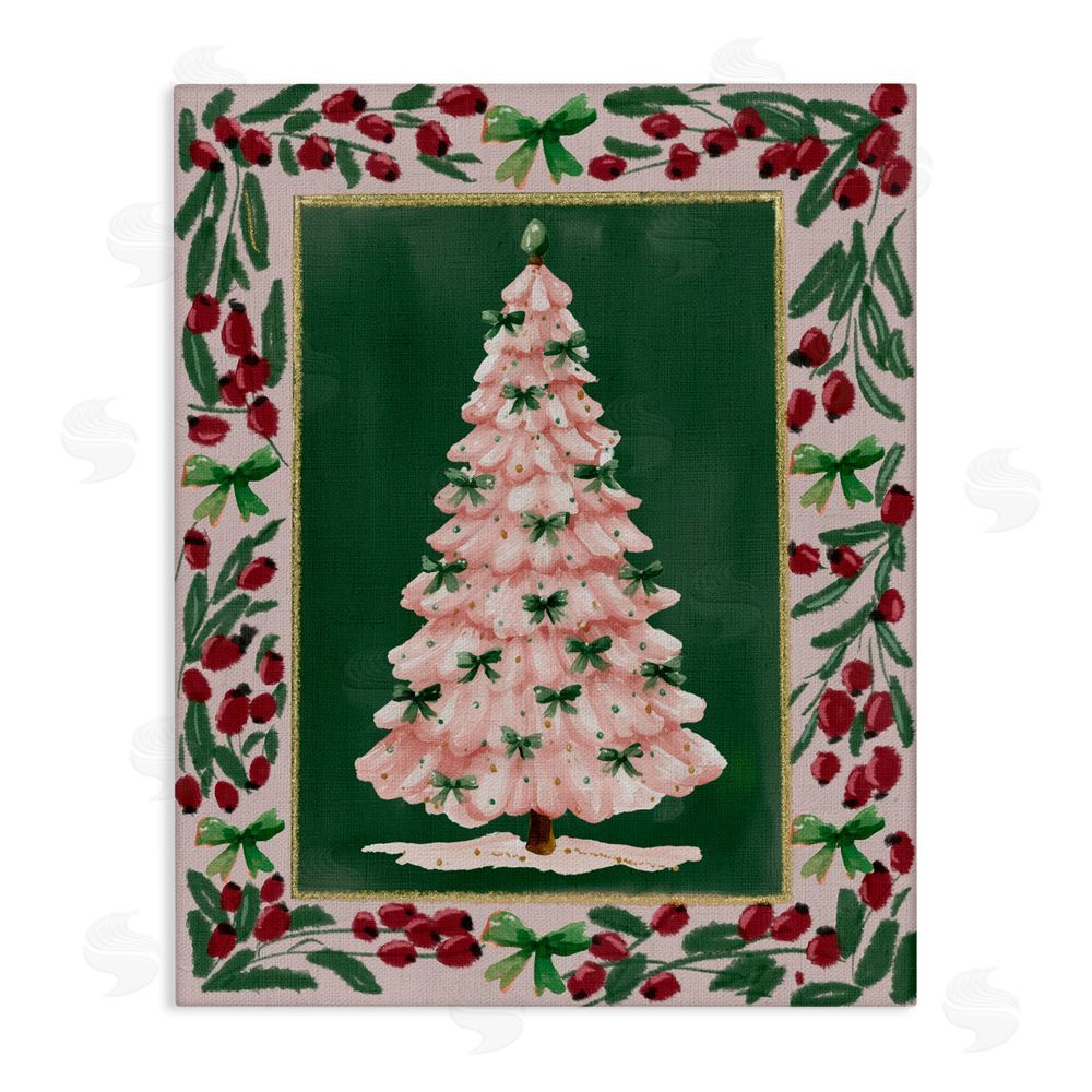 Yen Pink Christmas Tree Botanical Border Canvas Wall Art Print