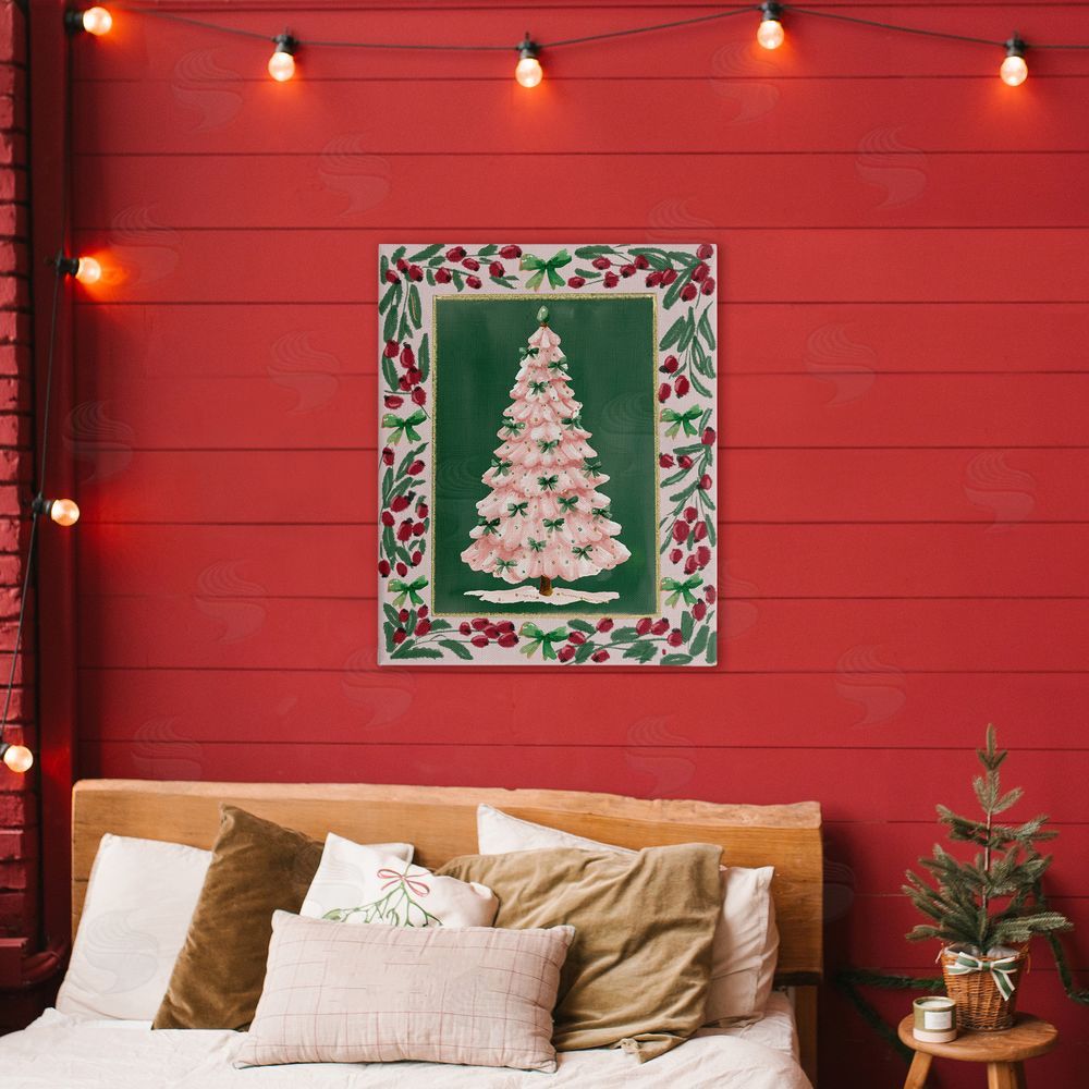 Yen Pink Christmas Tree Botanical Border Printed Wall Art in Room