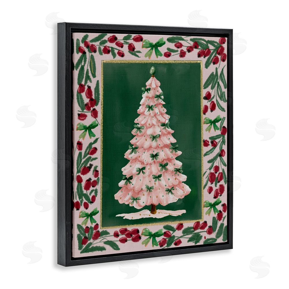 Yen Pink Christmas Tree Botanical Border Black Floating Frame Canvas Wall Art Print