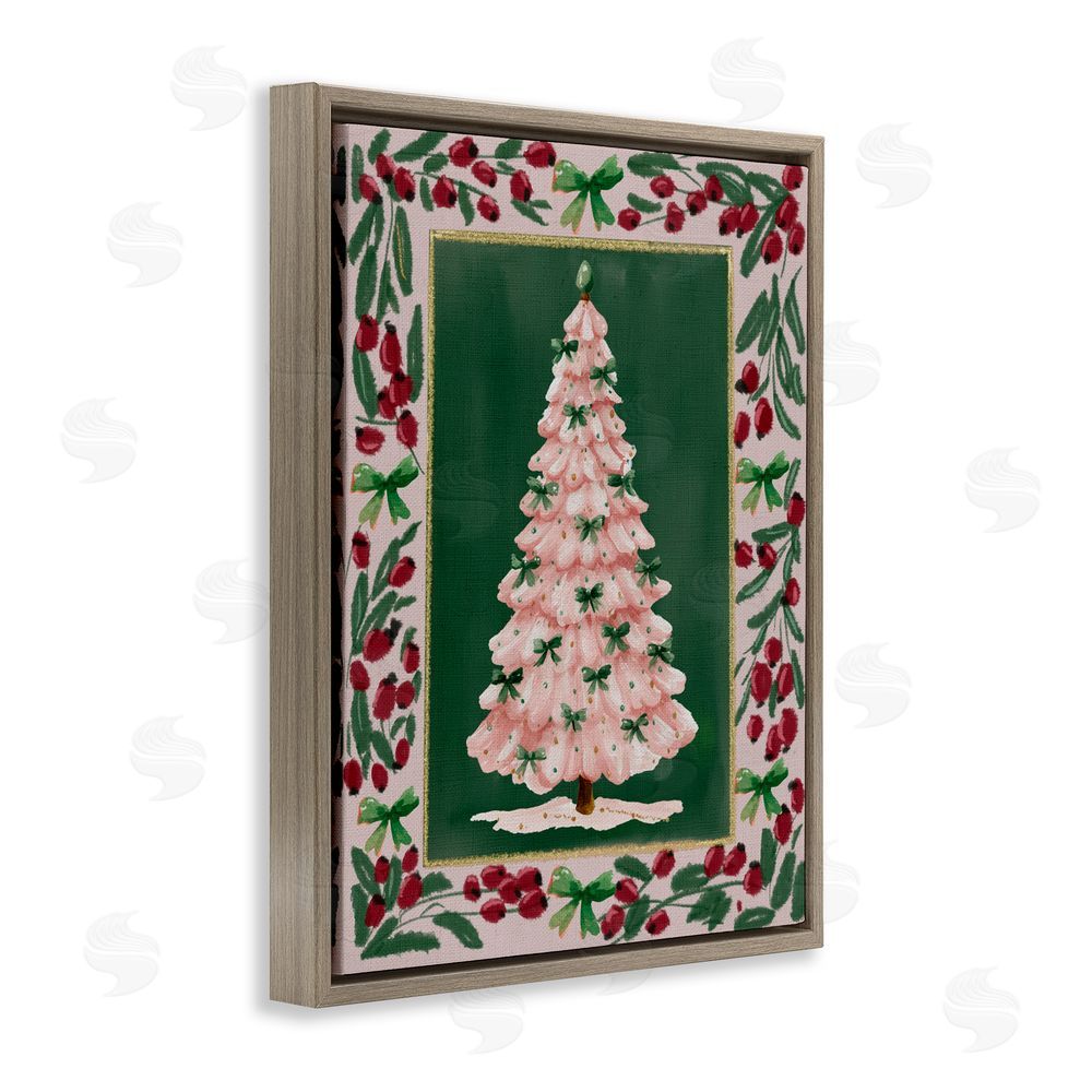 Yen Pink Christmas Tree Botanical Border Brown Floating Frame Canvas Art Print