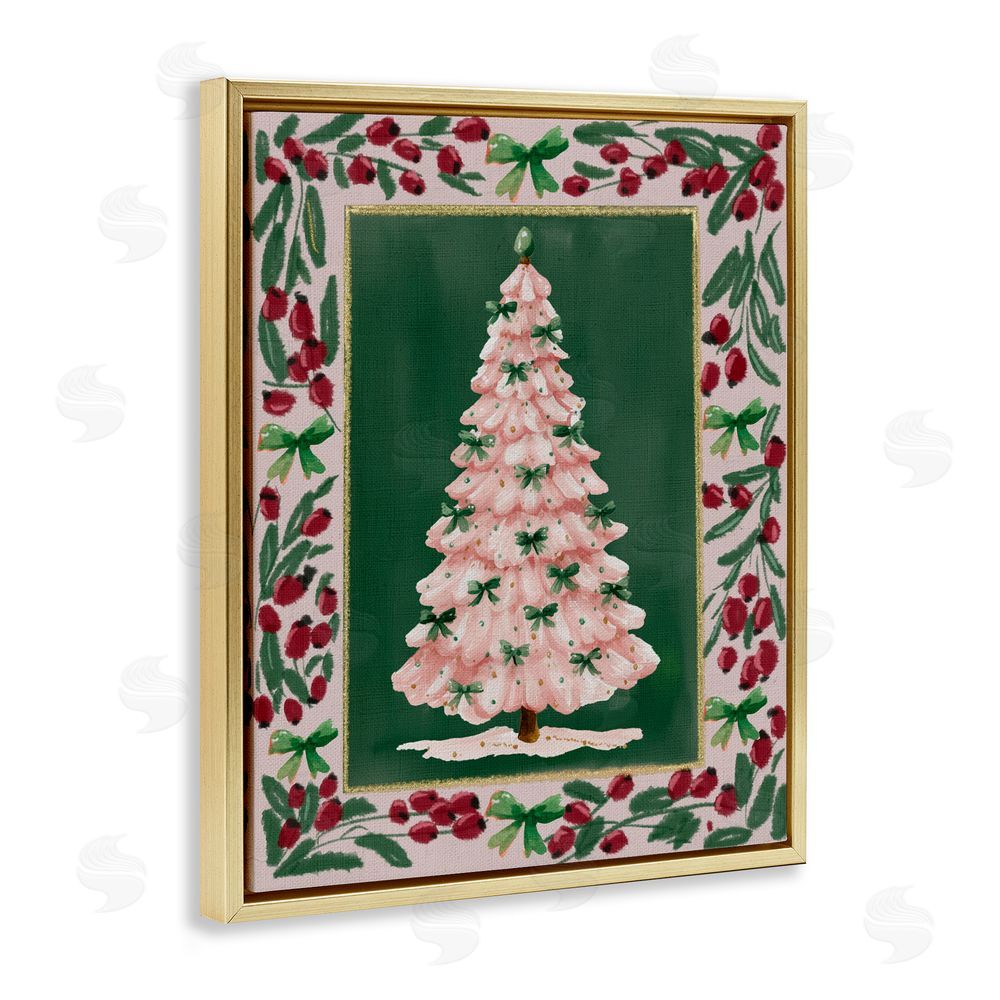 Yen Pink Christmas Tree Botanical Border Gold Floating Frame Canvas Art Print