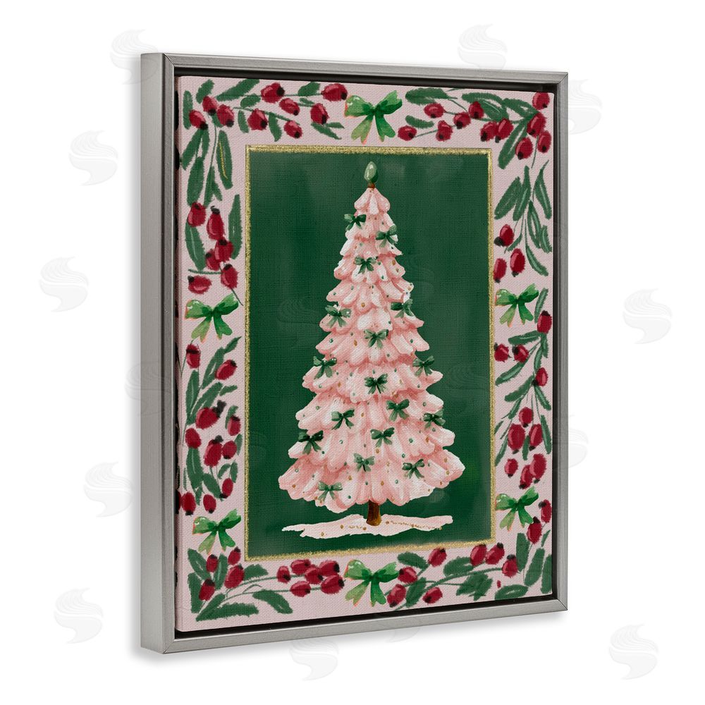 Yen Pink Christmas Tree Botanical Border Gray Floating Frame Canvas Art Print