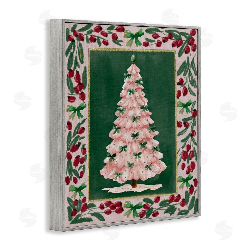 Yen Pink Christmas Tree Botanical Border Gray Framed Giclee Art Print