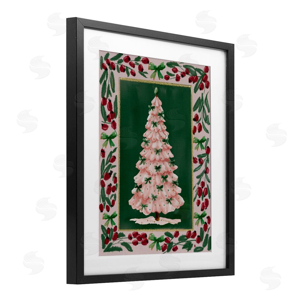 Yen Pink Christmas Tree Botanical Border Black Framed Print Under Glass Art