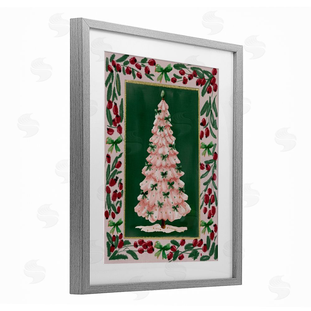 Yen Pink Christmas Tree Botanical Border Gray Framed Print Under Glass Art