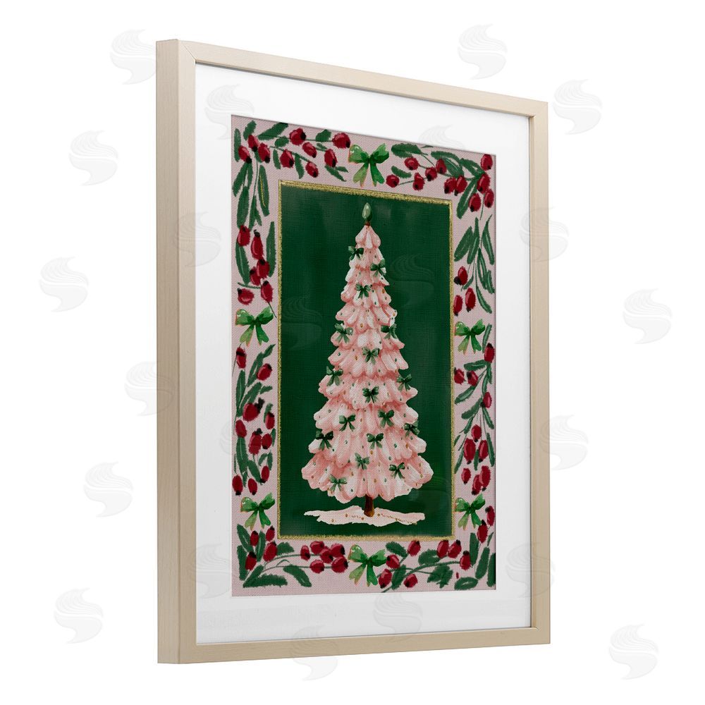 Yen Pink Christmas Tree Botanical Border Birch Framed Print Under Glass Art