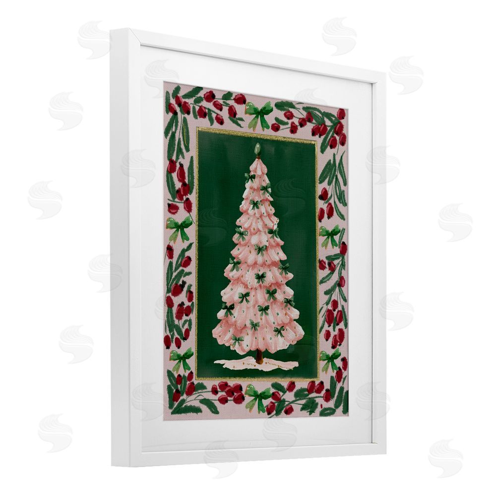 Yen Pink Christmas Tree Botanical Border White Framed Print Under Glass Art