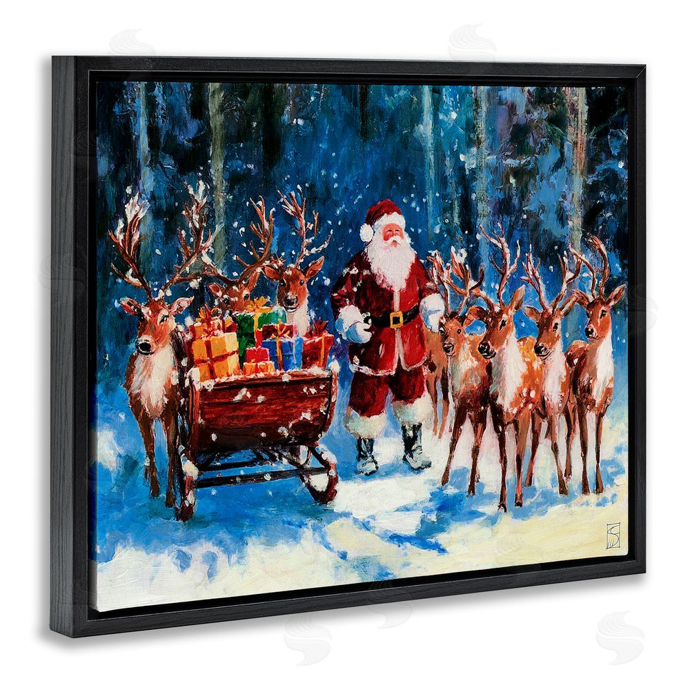 Sara Culpepper Santa Reindeer & Sleigh Black Floating Frame Canvas Wall Art Print