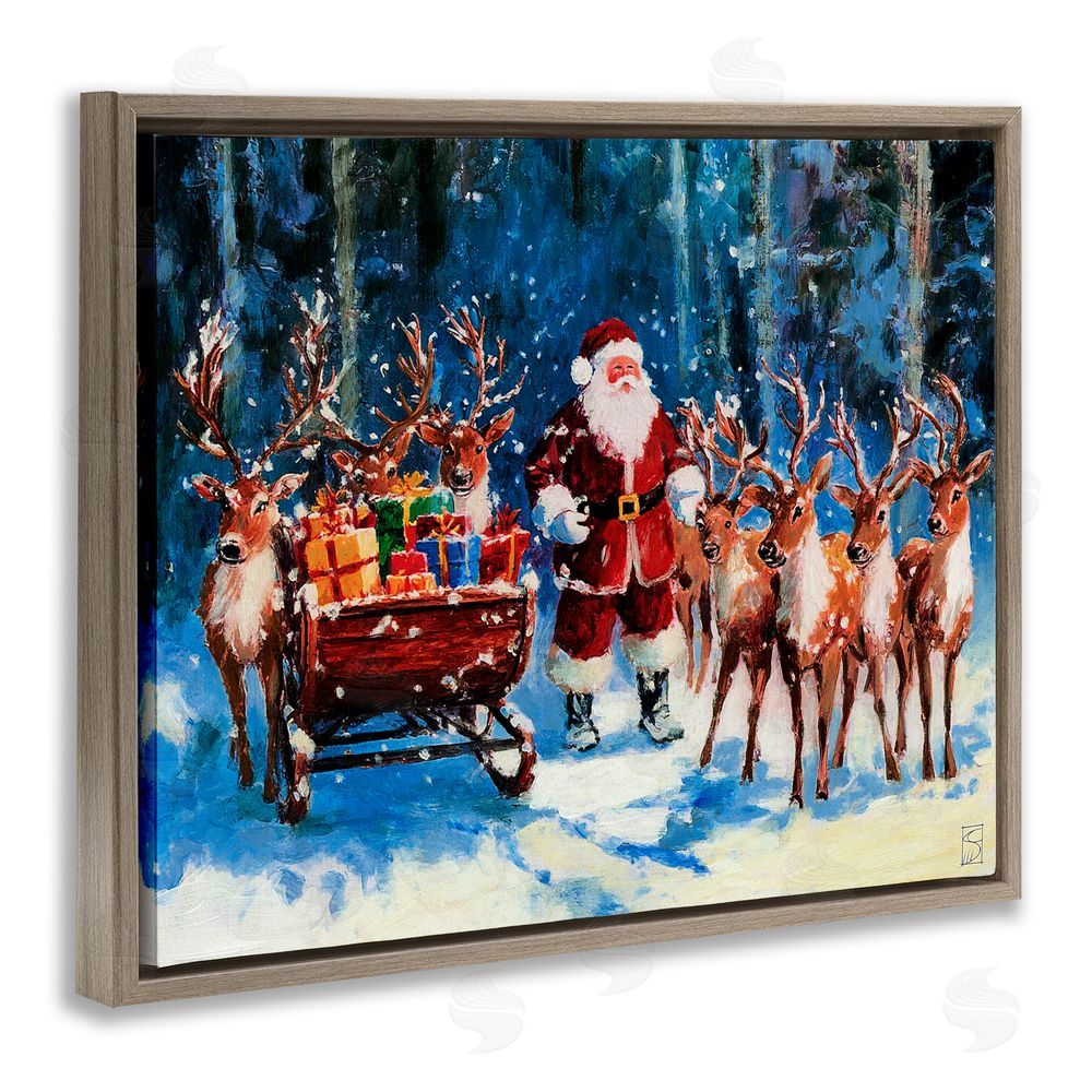 Sara Culpepper Santa Reindeer & Sleigh Brown Floating Frame Canvas Art Print