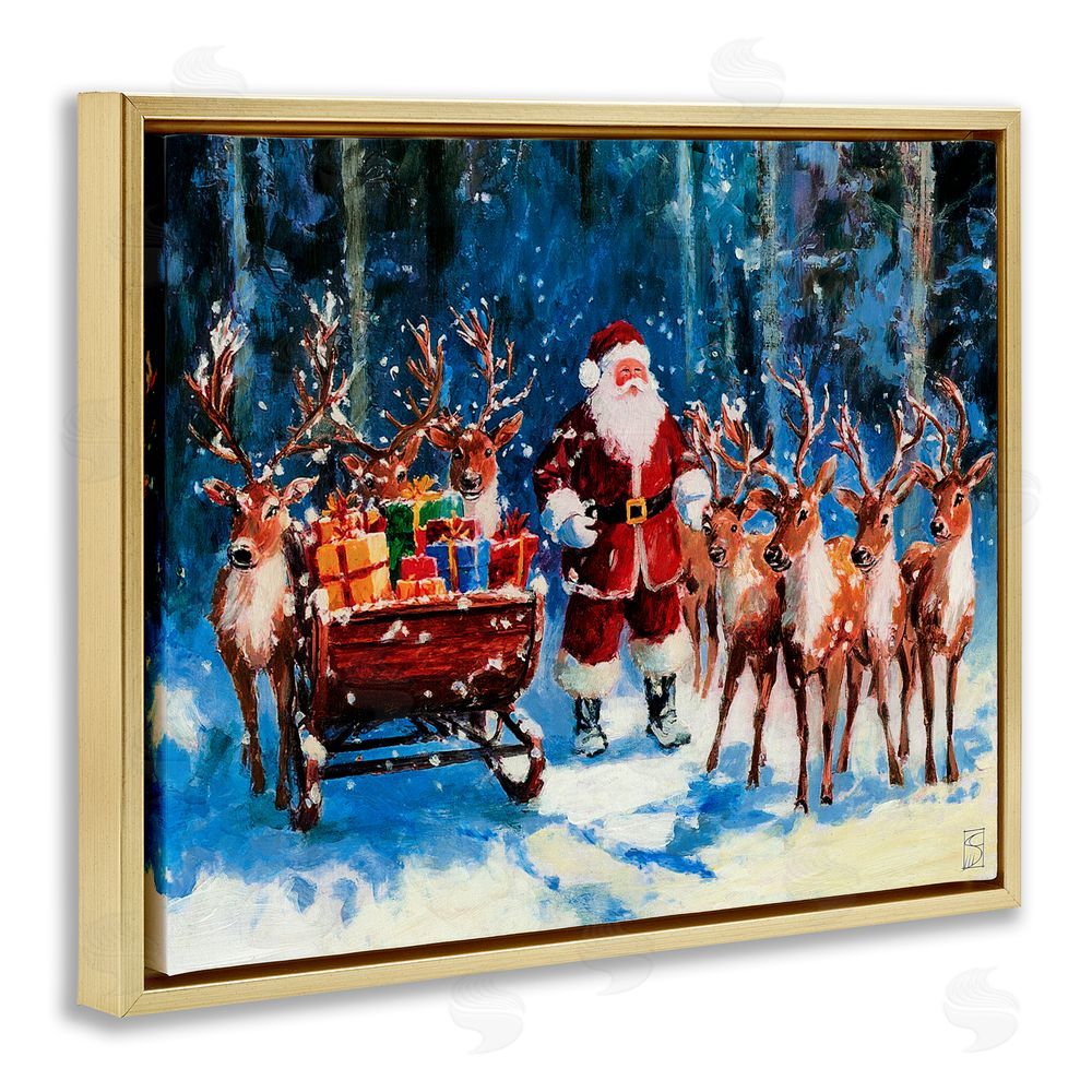 Sara Culpepper Santa Reindeer & Sleigh Gold Floating Frame Canvas Art Print