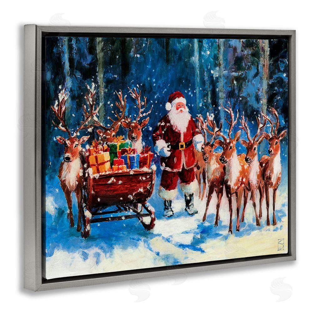 Sara Culpepper Santa Reindeer & Sleigh Gray Floating Frame Canvas Art Print