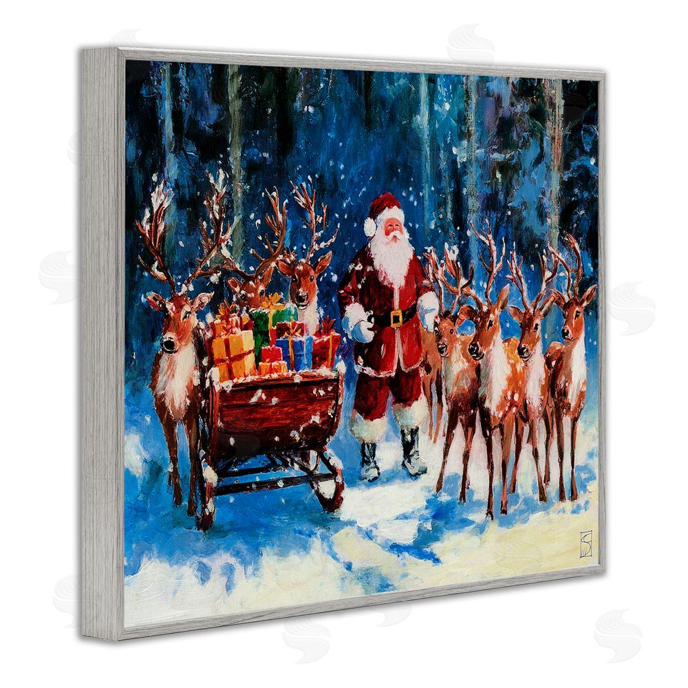 Sara Culpepper Santa Reindeer & Sleigh Gray Framed Giclee Art Print
