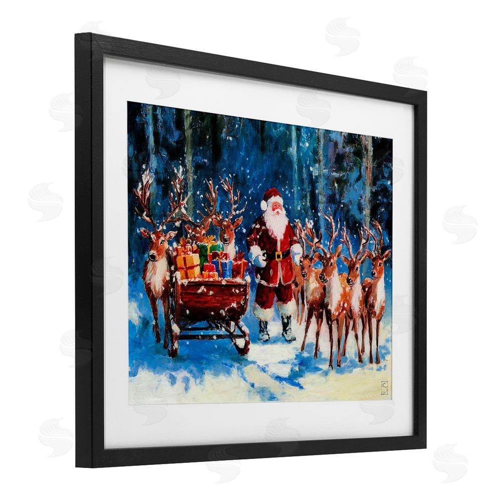 Sara Culpepper Santa Reindeer & Sleigh Black Framed Print Under Glass Art