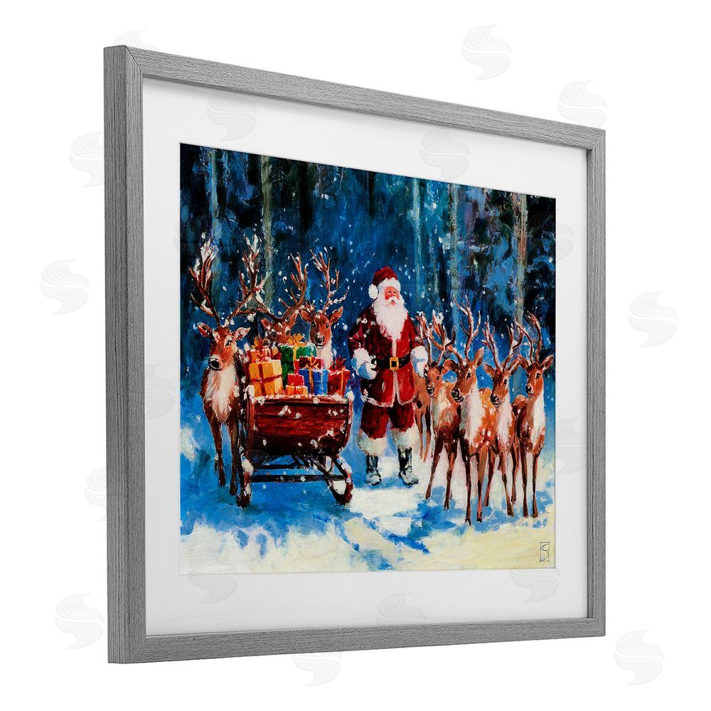 Sara Culpepper Santa Reindeer & Sleigh Gray Framed Print Under Glass Art