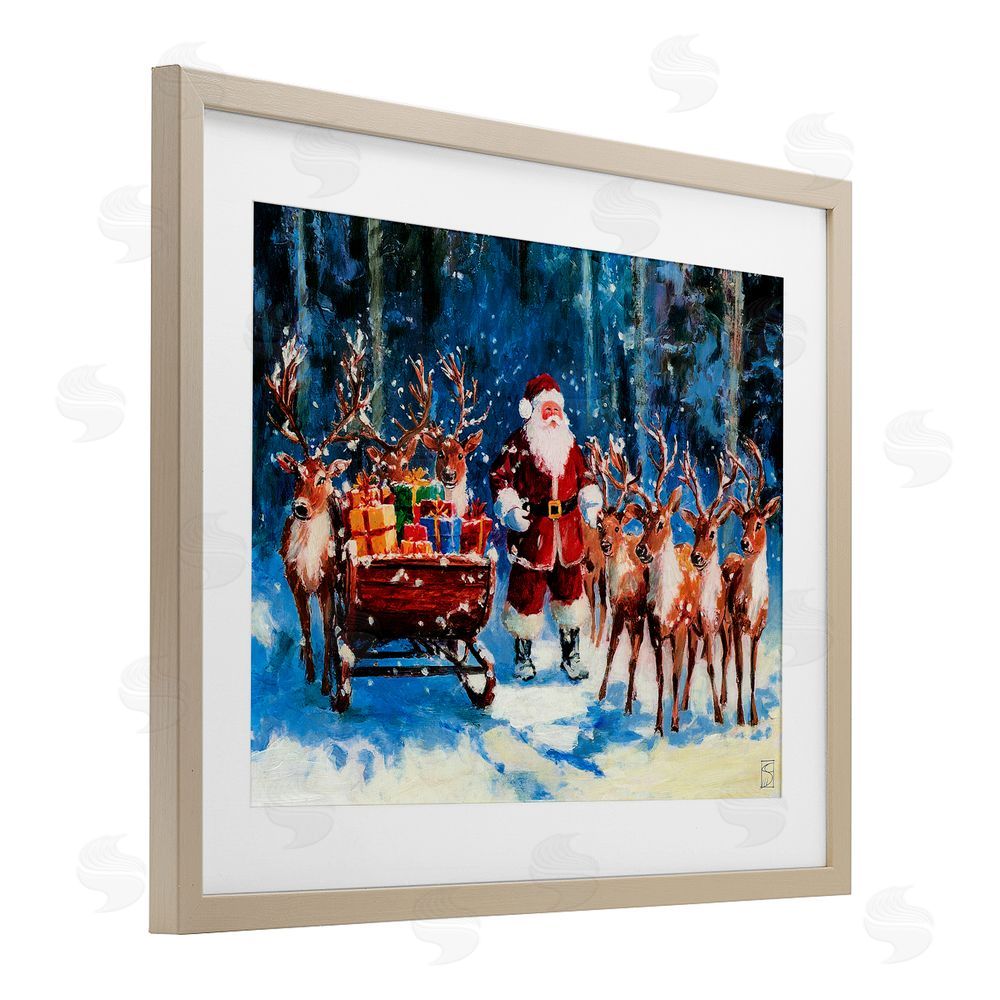 Sara Culpepper Santa Reindeer & Sleigh Birch Framed Print Under Glass Art