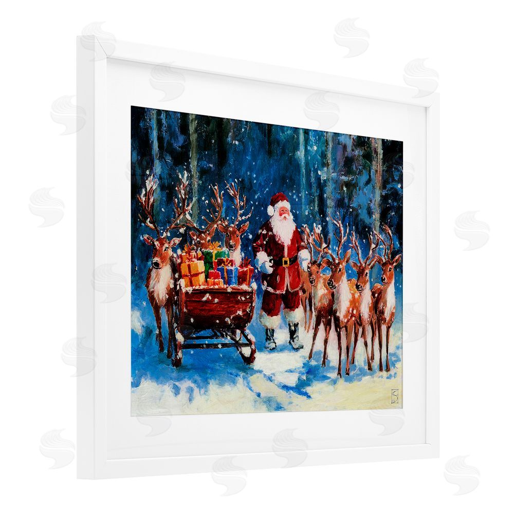 Sara Culpepper Santa Reindeer & Sleigh White Framed Print Under Glass Art