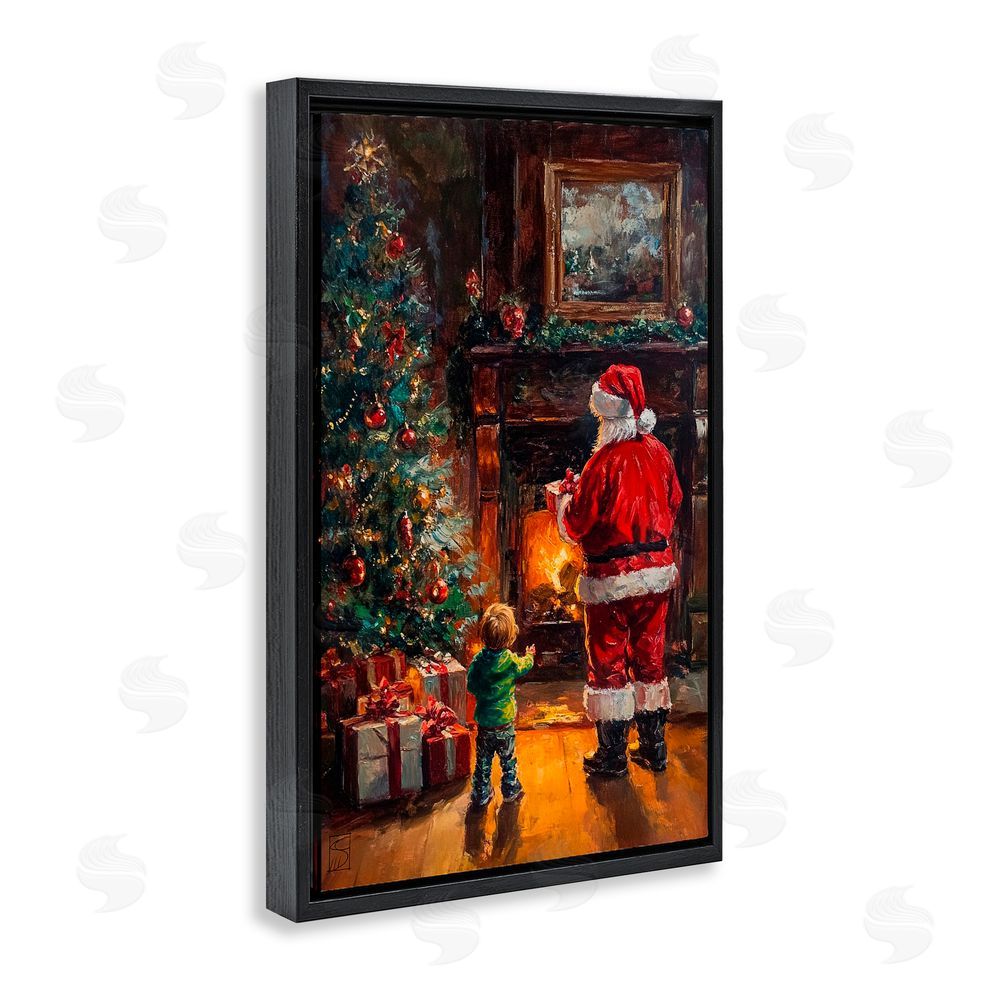 Sara Culpepper Santa & Child by Fireplace Black Floating Frame Canvas Wall Art Print