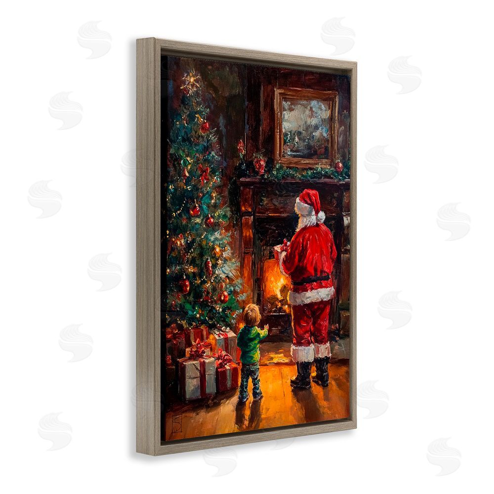 Sara Culpepper Santa & Child by Fireplace Brown Floating Frame Canvas Art Print