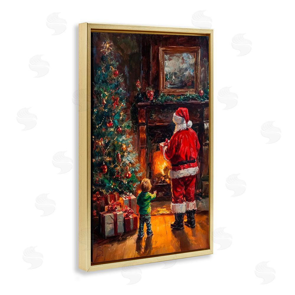 Sara Culpepper Santa & Child by Fireplace Gold Floating Frame Canvas Art Print