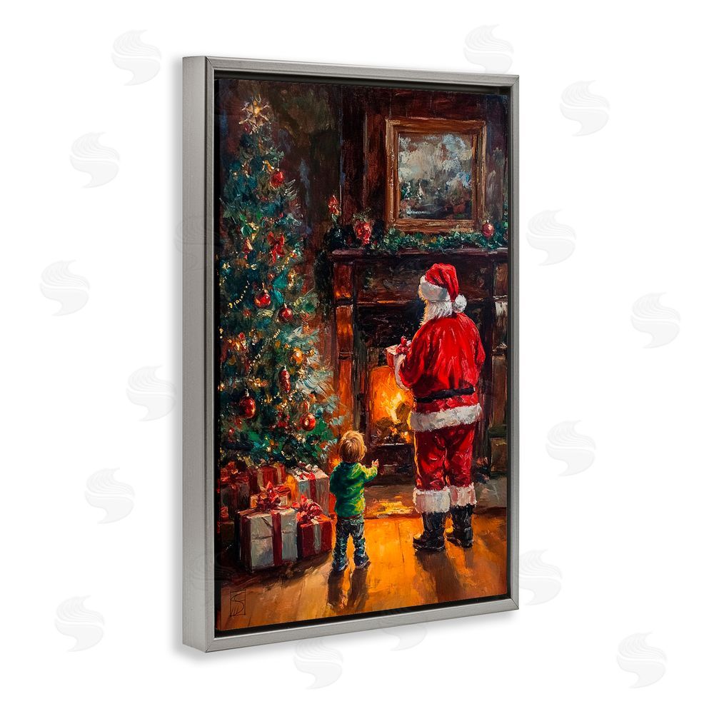 Sara Culpepper Santa & Child by Fireplace Gray Floating Frame Canvas Art Print
