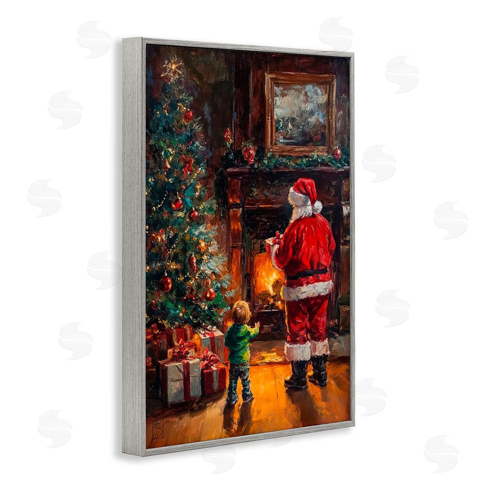 Sara Culpepper Santa & Child by Fireplace Gray Framed Giclee Art Print