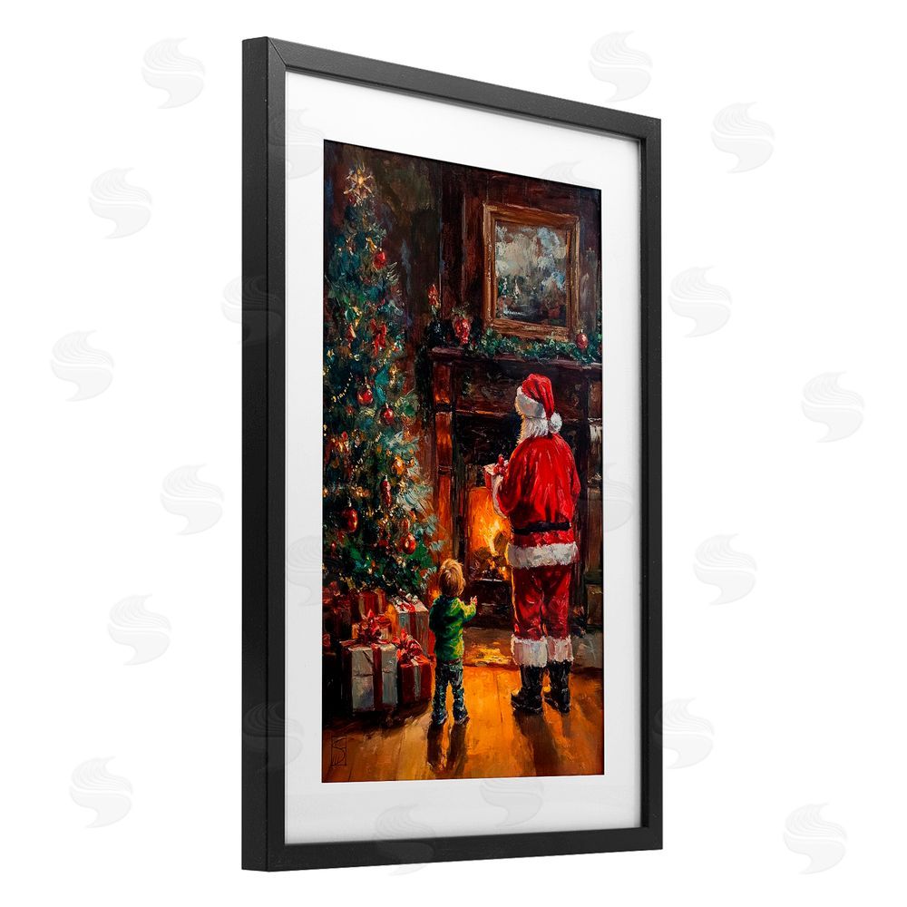 Sara Culpepper Santa & Child by Fireplace Black Framed Print Under Glass Art