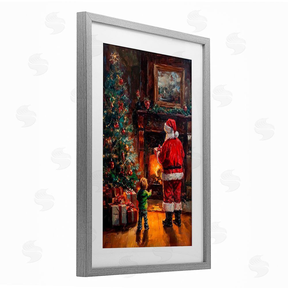 Sara Culpepper Santa & Child by Fireplace Gray Framed Print Under Glass Art