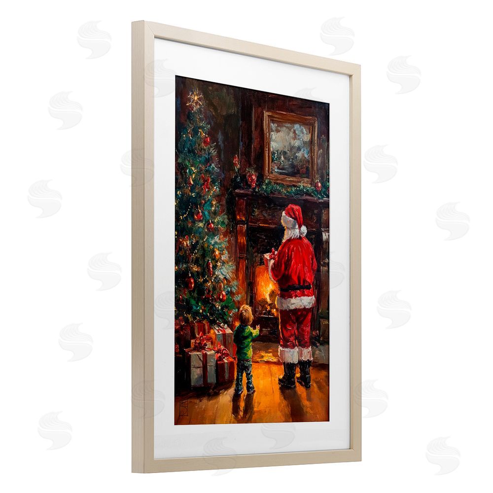 Sara Culpepper Santa & Child by Fireplace Birch Framed Print Under Glass Art