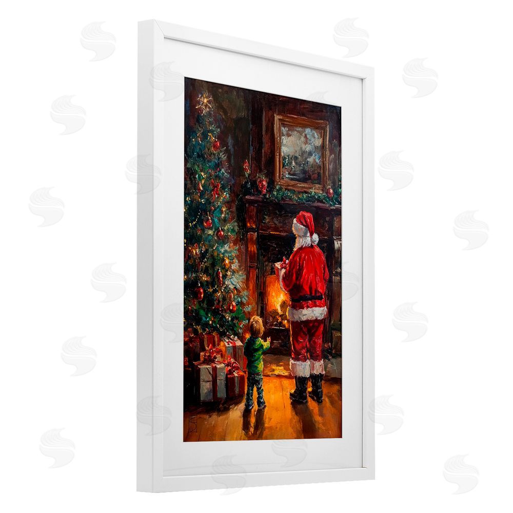 Sara Culpepper Santa & Child by Fireplace White Framed Print Under Glass Art