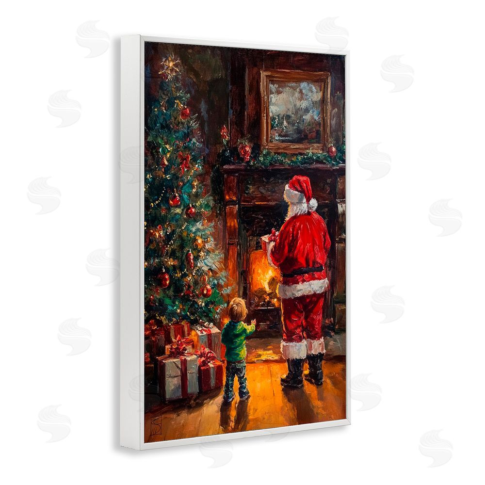 Sara Culpepper Santa & Child by Fireplace White Frame Giclee Art Print