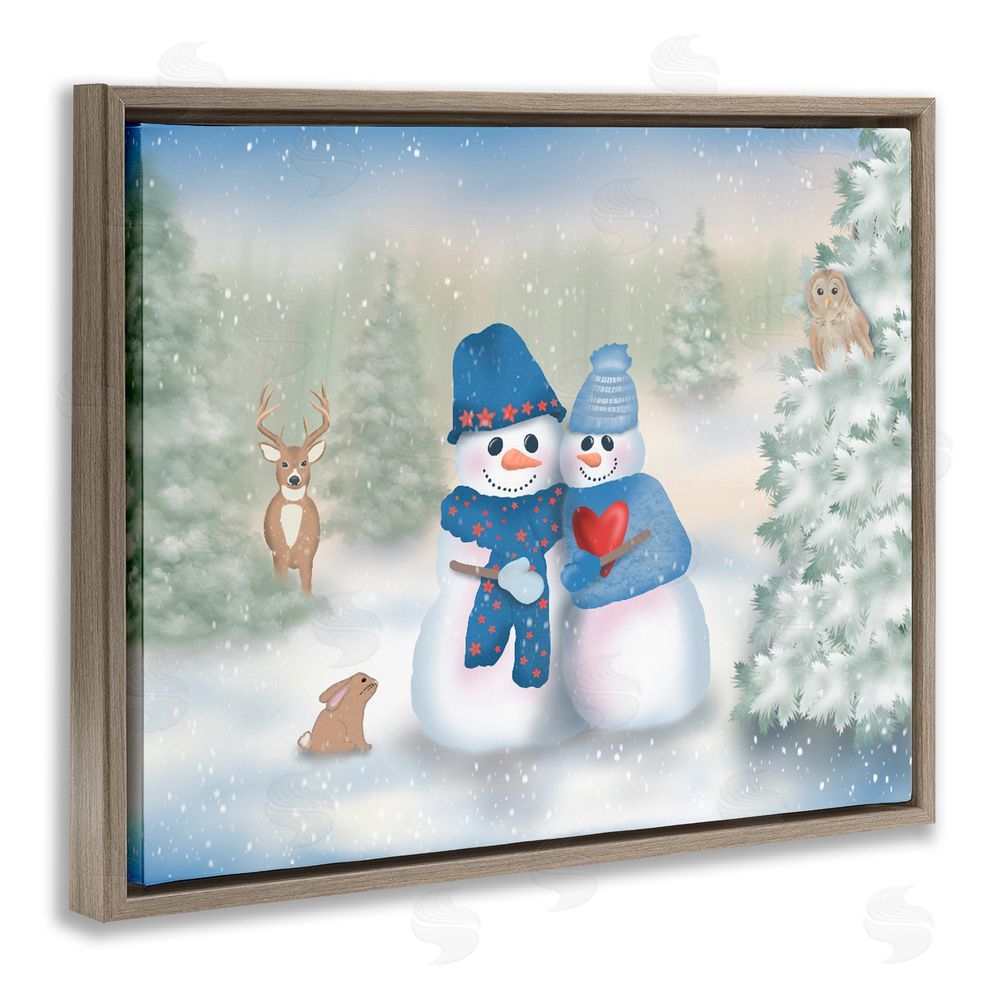 Lynn Kellan Snow In Love Snowman Couple Brown Floating Frame Canvas Art Print