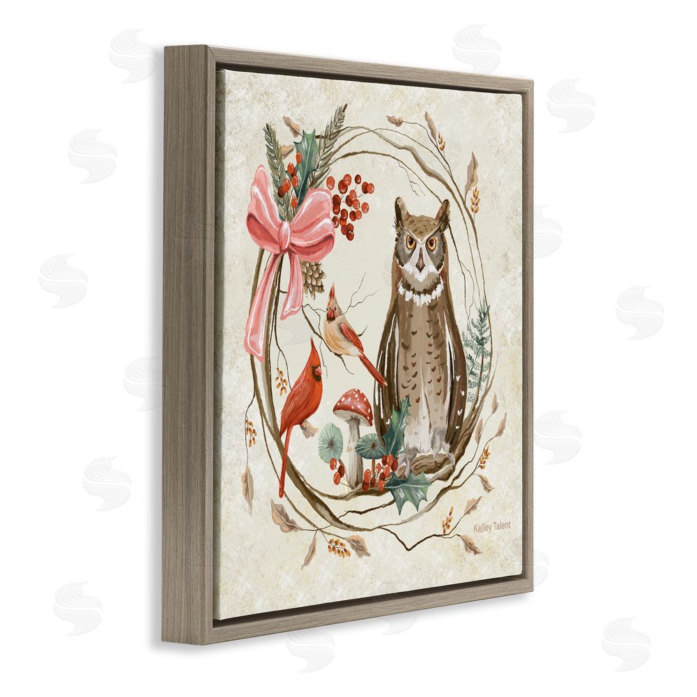 Kelley Talent Woodland Owl Rustic Wreath Brown Floating Frame Canvas Art Print