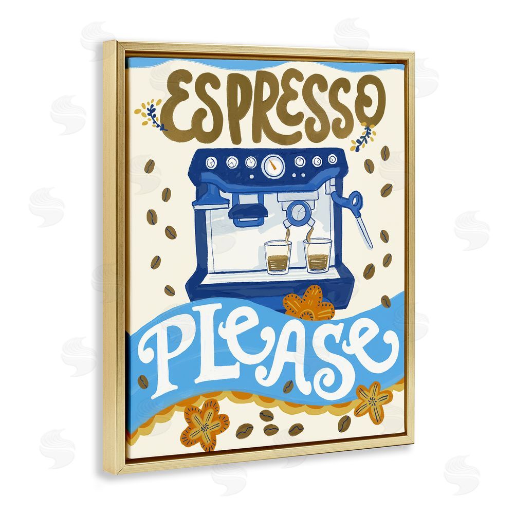 Connie Summers Espresso Please Whimsical Beans Gold Floating Frame Canvas Wall Art Print