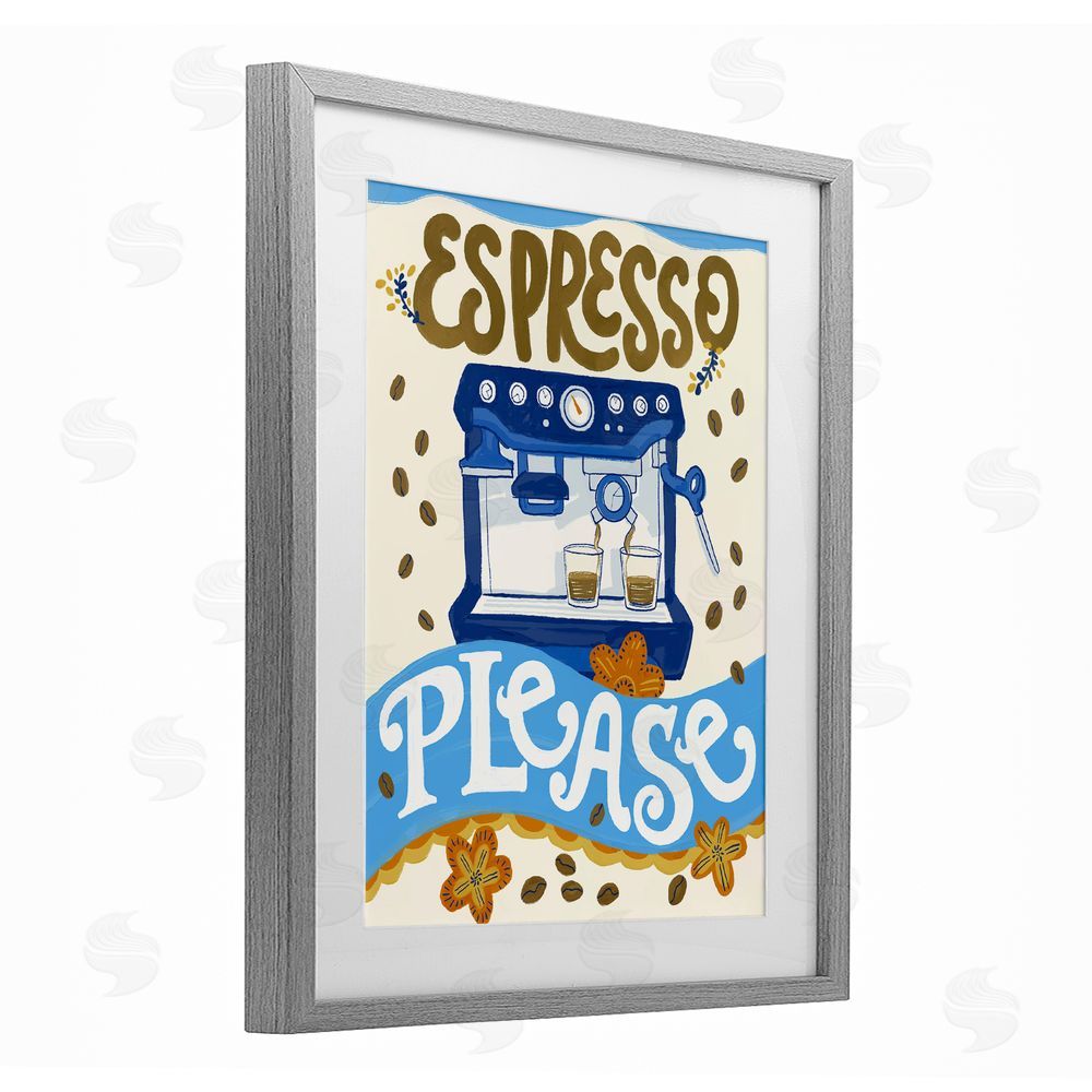 Connie Summers Espresso Please Whimsical Beans Gray Framed Print Under Glass with White Mat Wall Art