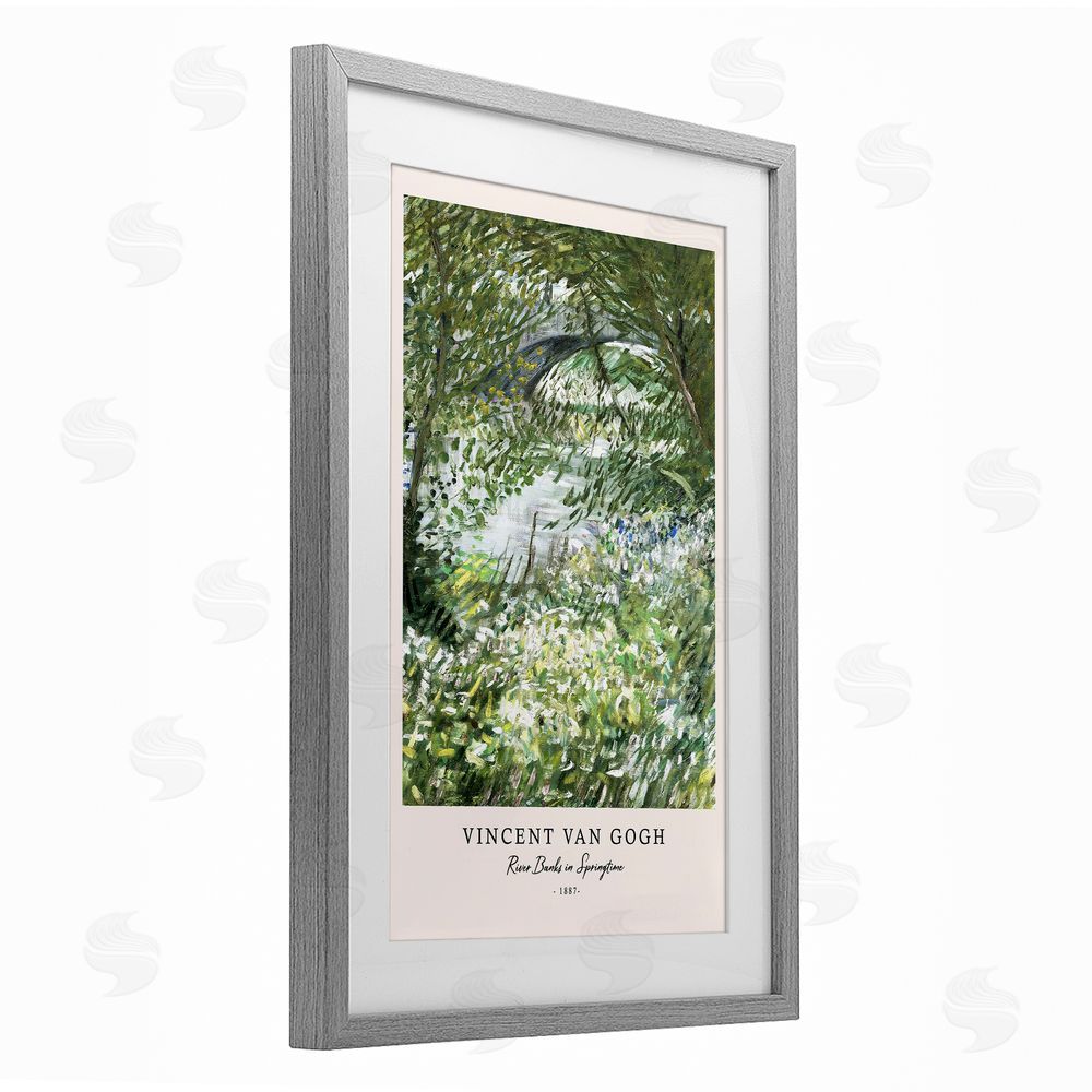 Vintage Hustle Classic River Banks At Springtime Gray Framed Print Under Glass Wall Art