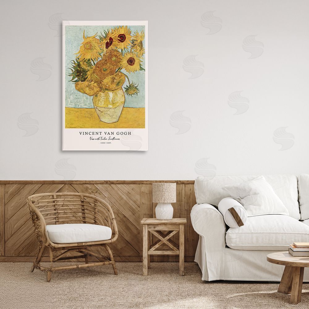 Vintage Hustle Classic Vase with Twelve Sunflowers Stretched Canvas Wall Art in Room