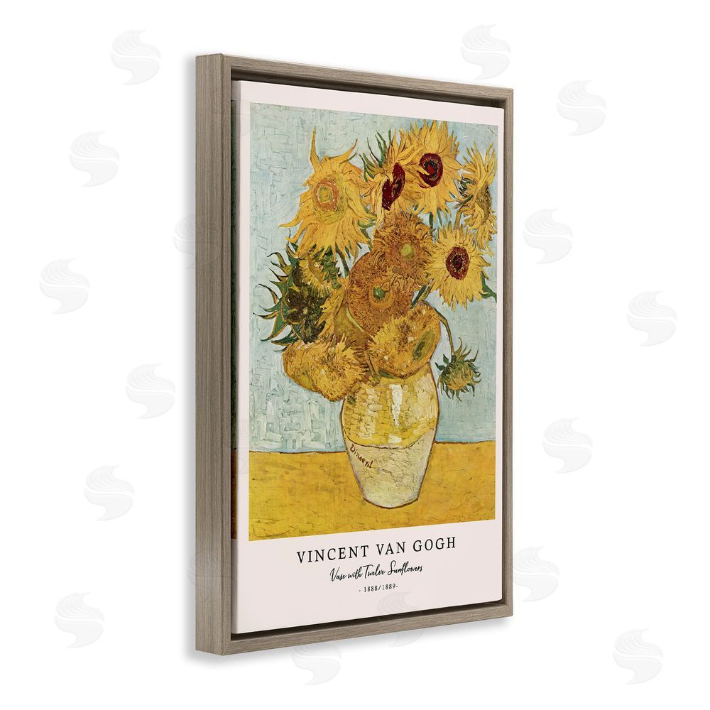 Vintage Hustle Classic Vase with Twelve Sunflowers Brown Floating Frame Canvas Wall Art Print