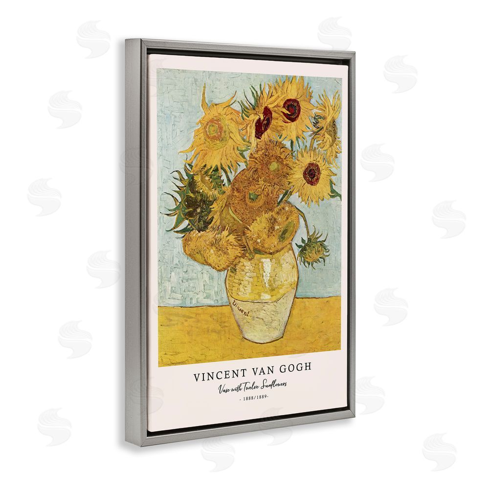 Vintage Hustle Classic Vase with Twelve Sunflowers Gray Floating Frame Canvas Wall Art Print