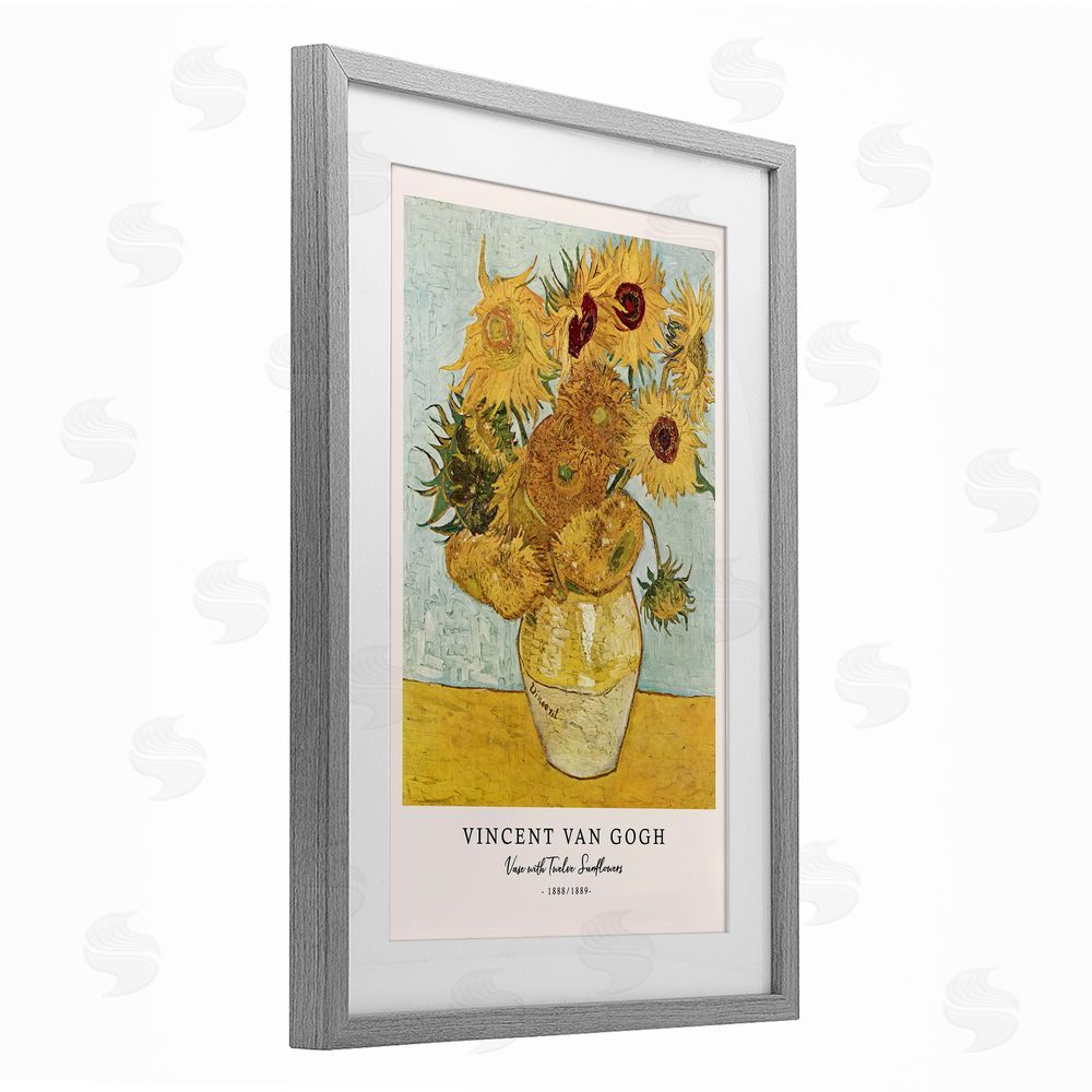 Vintage Hustle Classic Vase with Twelve Sunflowers Gray Framed Print Under Glass Wall Art