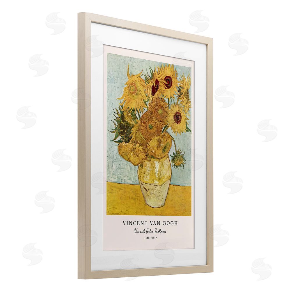 Vintage Hustle Classic Vase with Twelve Sunflowers Birch Framed Print Under Glass Wall Art