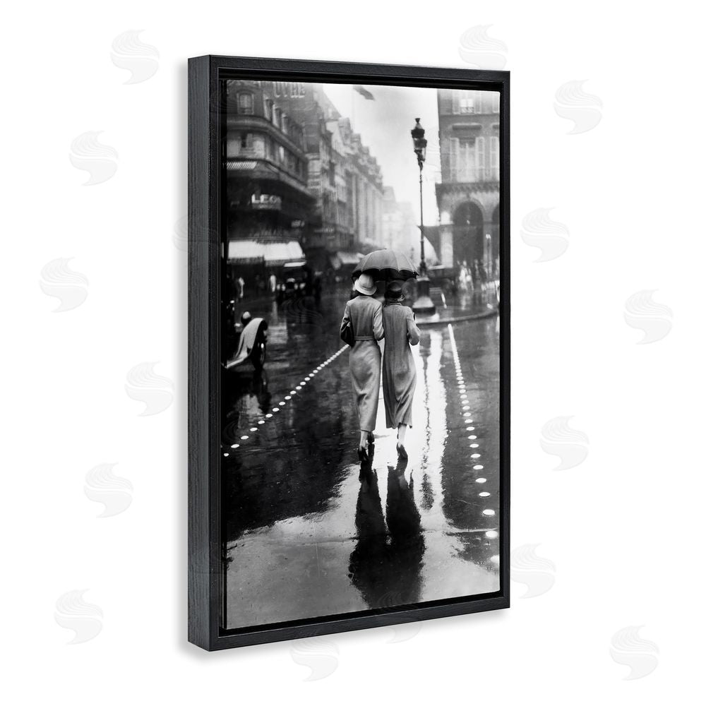 Vintage Hustle Paris In The Rain Black Floating Frame Canvas Wall Art Print