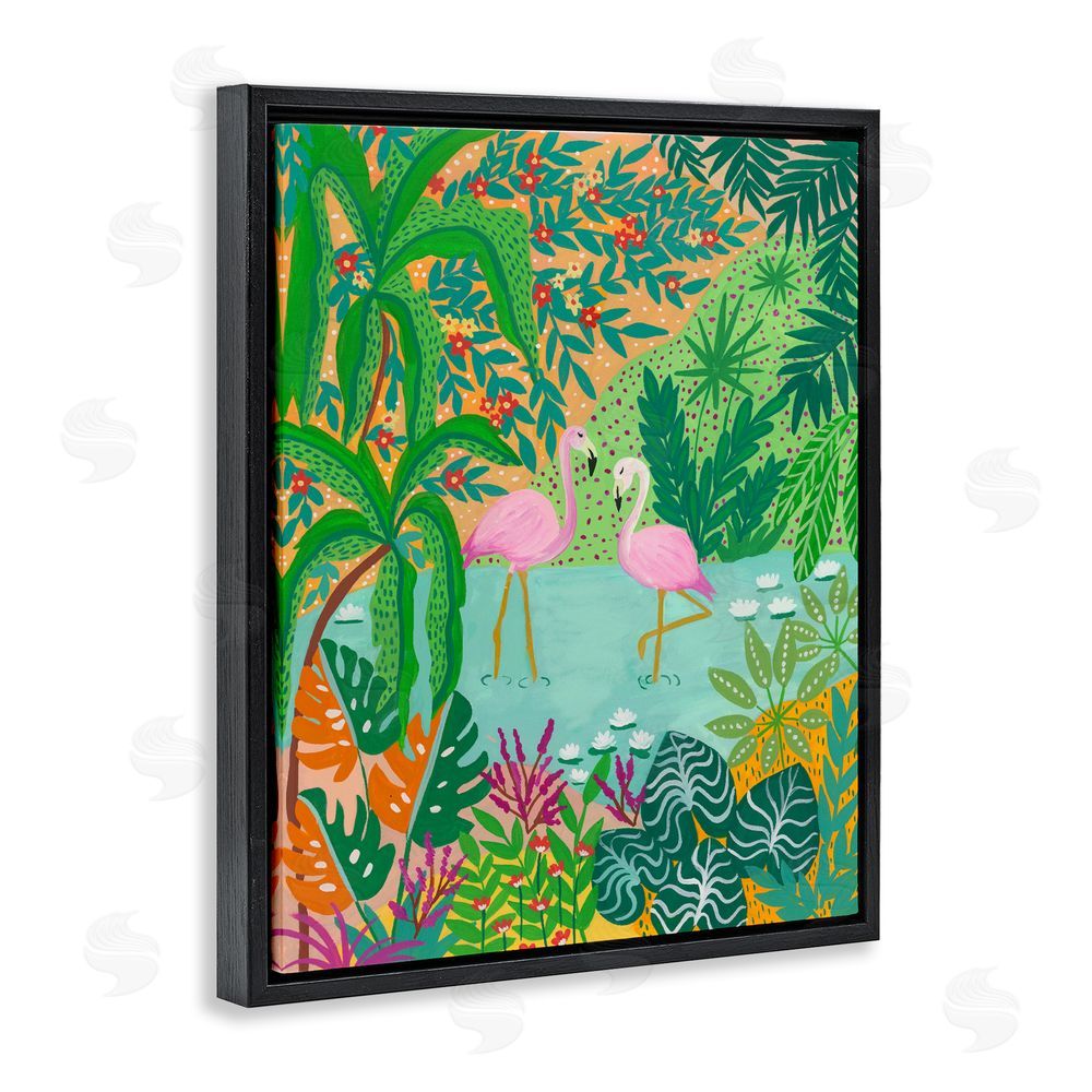 Nabeela Rumi Flamingos in Dotted Pond Black Floating Frame Canvas Wall Art