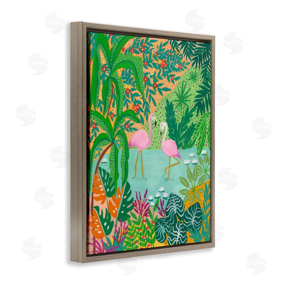 Nabeela Rumi Flamingos in Dotted Pond Brown Floating Frame Canvas Wall Art