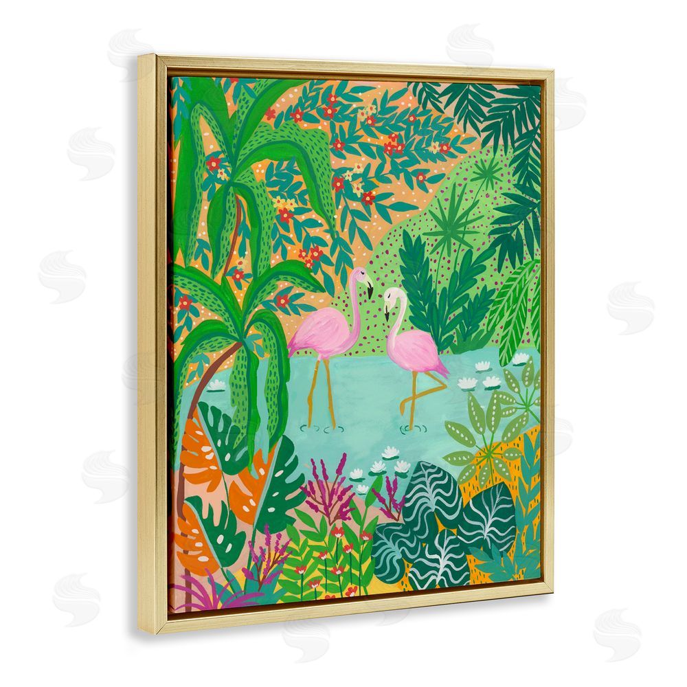 Nabeela Rumi Flamingos in Dotted Pond Gold Floating Frame Canvas Wall Art
