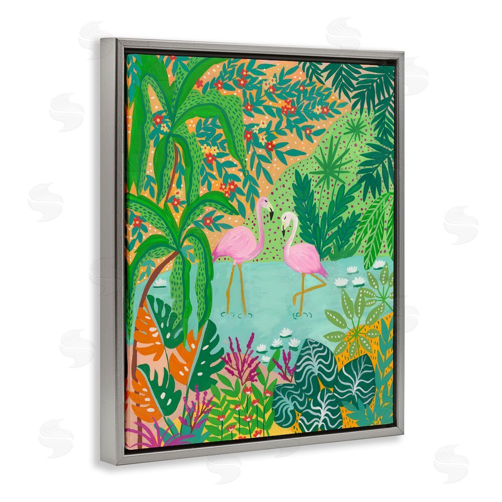 Nabeela Rumi Flamingos in Dotted Pond Gray Floating Frame Canvas Wall Art